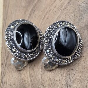Sterling Silver Onyx Marcasite Art Deco Clip-on Earrings